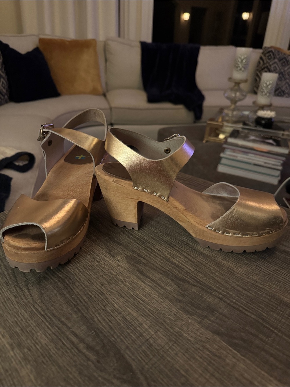 Women's Metallic Rose Gold Platform Sandals with Ankle Strap